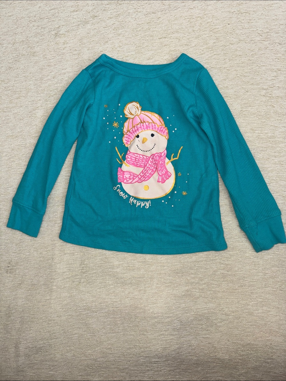 Girls' Teal Long-Sleeve Snowman Top with Pink Accent